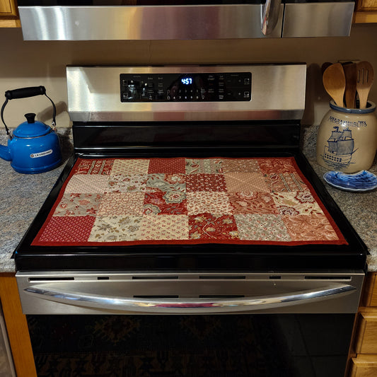 Large Insulated Quilted Glass top Range Cover Table Mat in Red and Tan