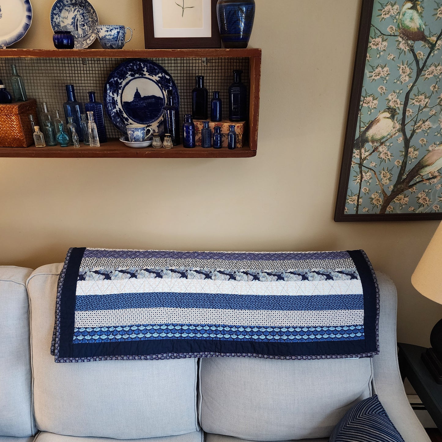 Large Handmade Throw Quilt Bed Scarf in Blue and White