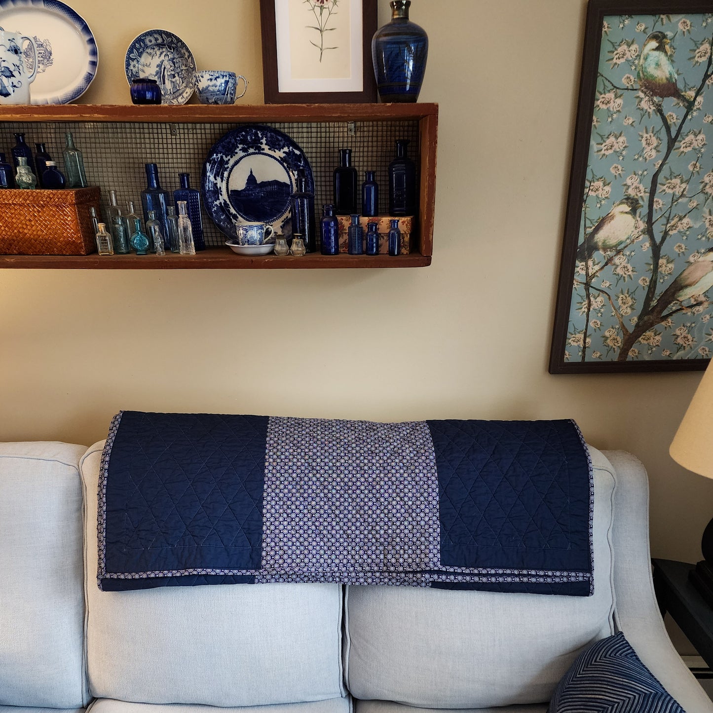 Large Handmade Throw Quilt Bed Scarf in Blue and White