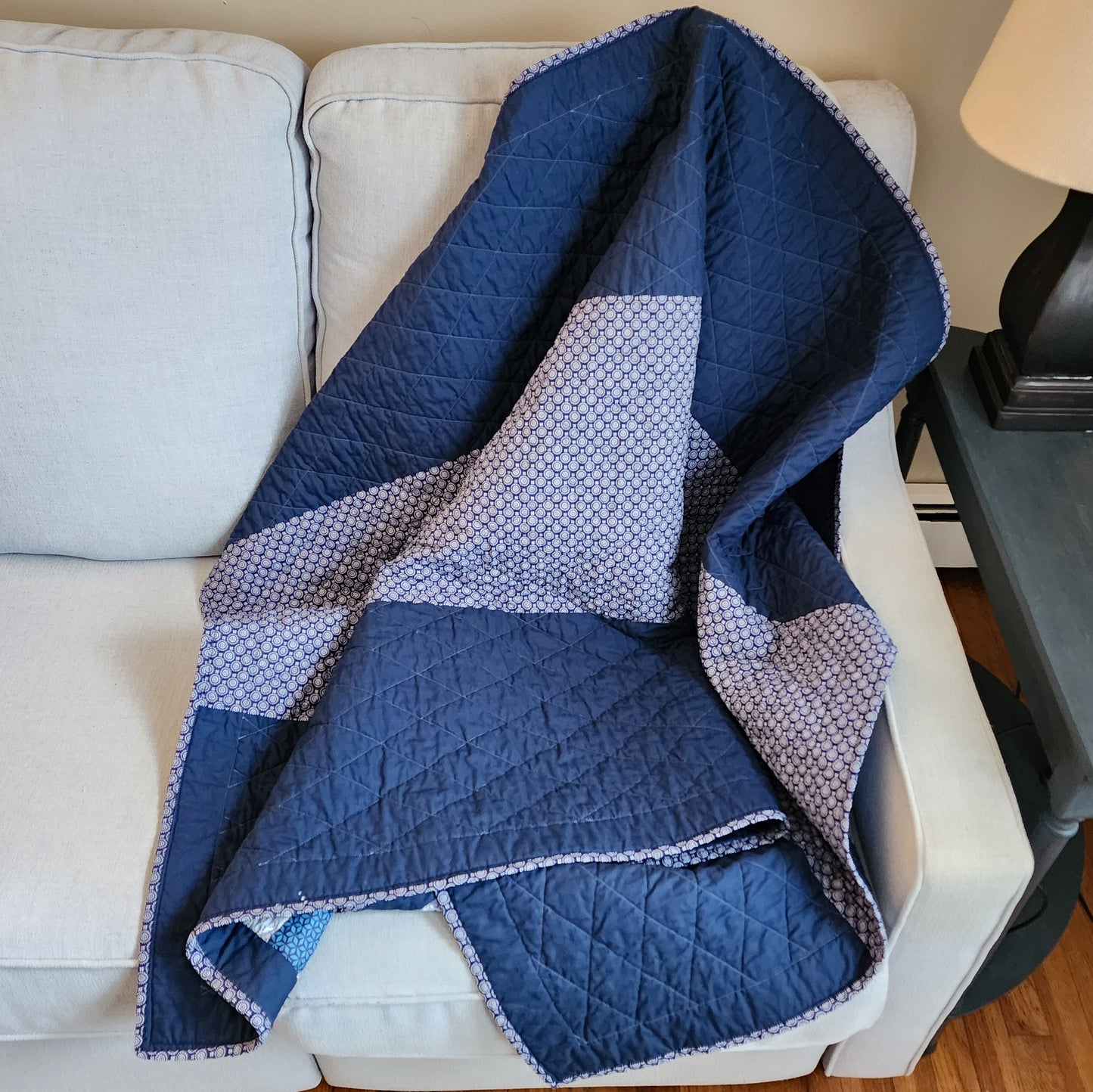 Large Handmade Throw Quilt Bed Scarf in Blue and White