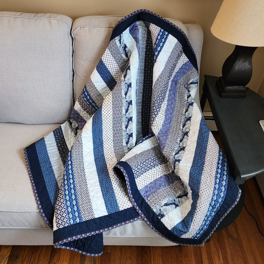 Large Handmade Throw Quilt Bed Scarf in Blue and White