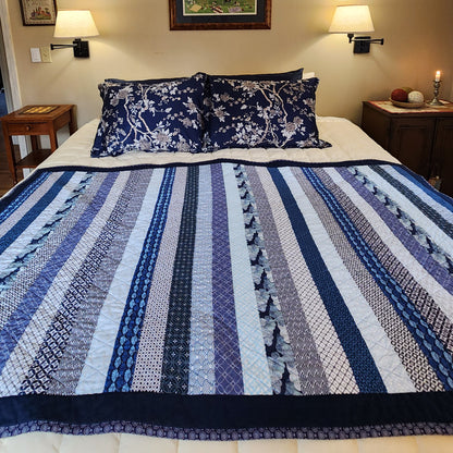 Large Handmade Throw Quilt Bed Scarf in Blue and White