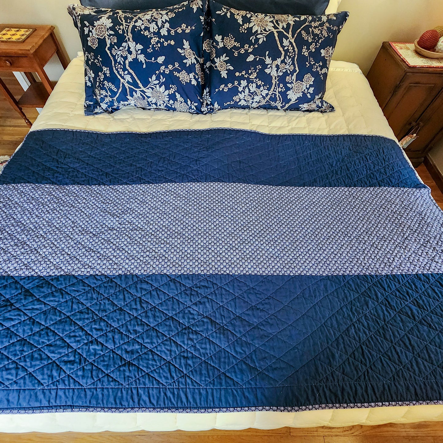 Large Handmade Throw Quilt Bed Scarf in Blue and White