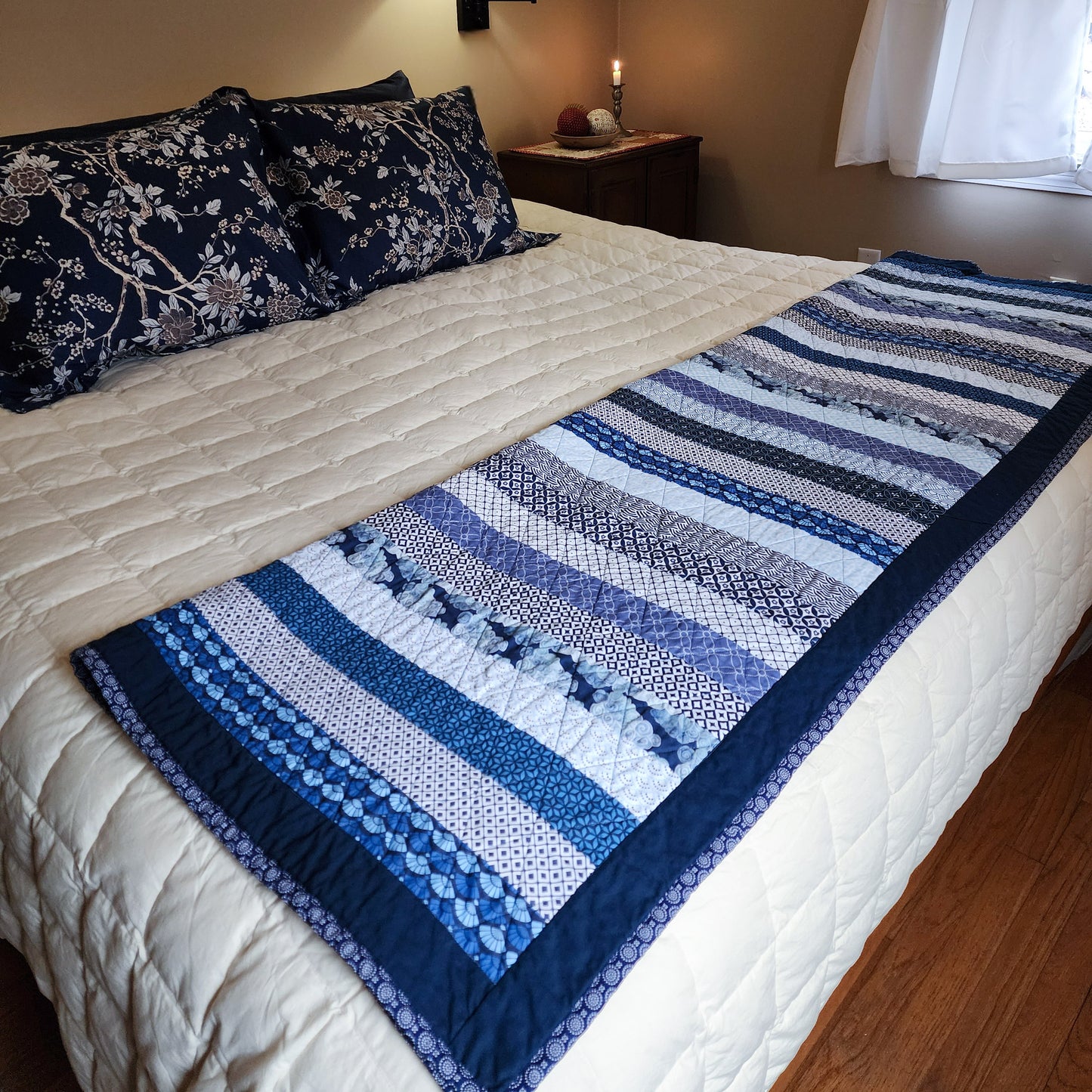 Large Handmade Throw Quilt Bed Scarf in Blue and White