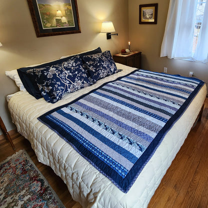 Large Handmade Throw Quilt Bed Scarf in Blue and White