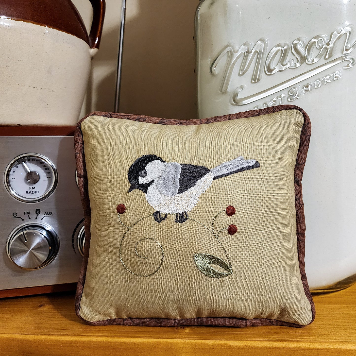 Chickadee Embroidered Bird Pillow