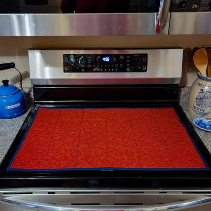 Large Insulated Quilted Glass top Range Cover Table Mat in Red, Blue, Cream