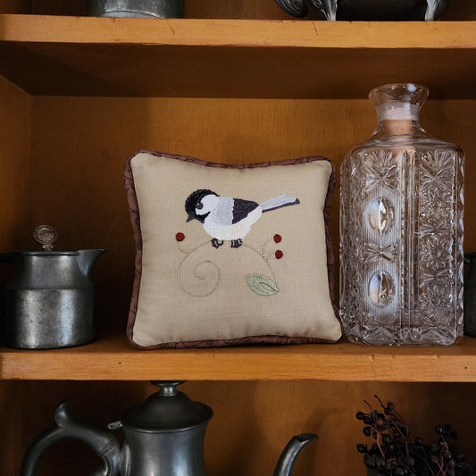 Chickadee Embroidered Bird Pillow