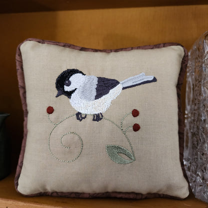 Chickadee Embroidered Bird Pillow